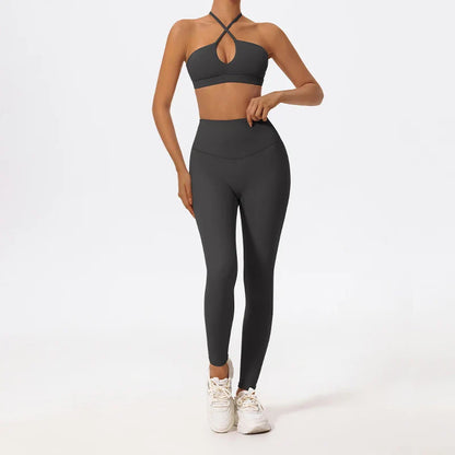 Conjunto Feminino de Treino com Top Cruzado e Legging em Poliamida – Pietra