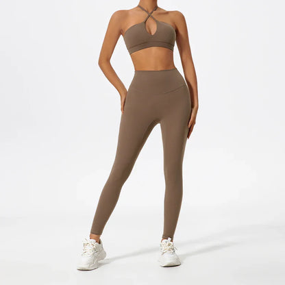 Conjunto Feminino de Treino com Top Cruzado e Legging em Poliamida – Pietra