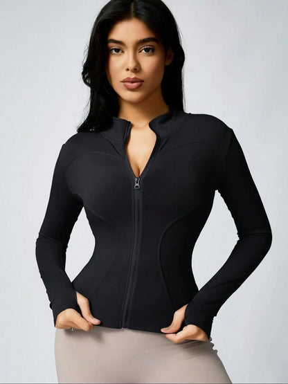 Blusa Feminina Fitness Justa com Zíper e Punho em Poliéster e Elastano – Letícia