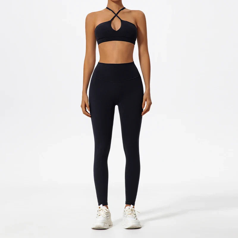 Conjunto Feminino de Treino com Top Cruzado e Legging em Poliamida – Pietra
